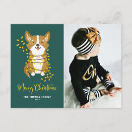 Cartão Postal De Festividades Corgi Bonito em Luzes de Corda Foto Feliz de Natal