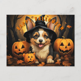 Cartão Postal De Festividades Corgi De Halloween Bonito Na Floresta Com Bompkins