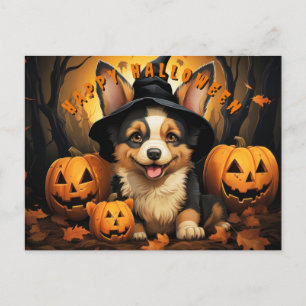 Cartão Postal De Festividades Corgi De Halloween Bonito Na Floresta Com Bompkins