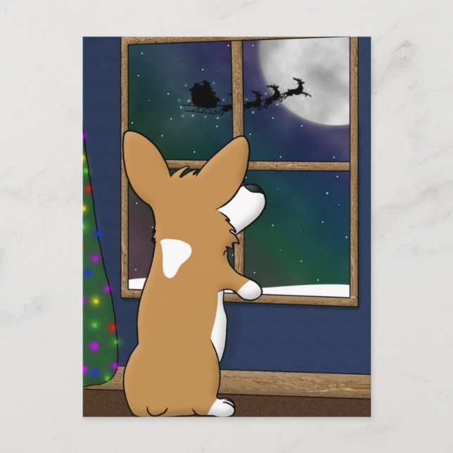 Cartão Postal De Festividades Corgi de Natal na Janela (Frente)