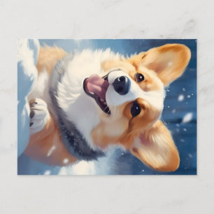 Cartão Postal De Festividades Corgi feliz brincando na neve
