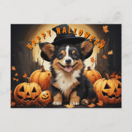 Cartão Postal De Festividades Corgi Feliz de Halloween no Campo de Abóboras