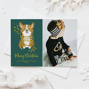 Cartão Postal De Festividades Corgi Pintado à Mão em Luzes Foto de Cachorro Nata