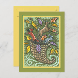 CARTÃO POSTAL DE FESTIVIDADES CORNUCOPIA DA VIDA SELVAGEM DA NATUREZA, ARTE FOLK