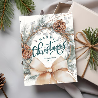 Cartão Postal De Festividades Coroa Botânica de Natal com Letra Alegre de Feliz 