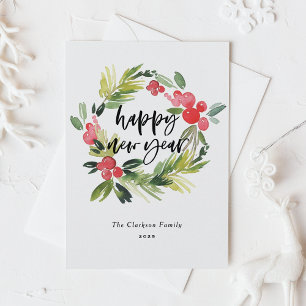 Cartão Postal De Festividades Coroa de Azevinho em Aquarela Caligrafia Ano Novo 