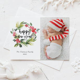 Cartão Postal De Festividades Coroa de Azevinho em Aquarela Feliz Ano Novo Foto