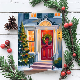 Cartão Postal De Festividades Coroa de Natal Aquarela Vermelha