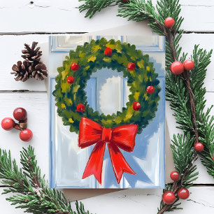 Cartão Postal De Festividades Coroa de Natal Arco Vermelho Aquarela Branca