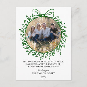 Cartão Postal De Festividades Coroa de Natal Clássica Verde com Laço Desenhado à