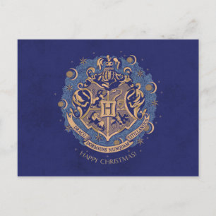 Cartão Postal De Festividades Coroa de Natal com Brasão de HOGWARTS™ Azul