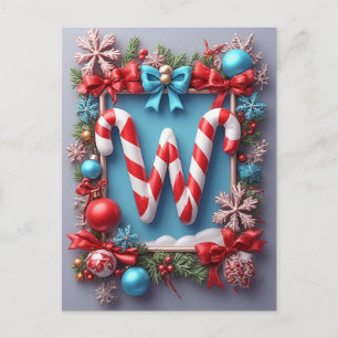 Cartão Postal De Festividades 🎄 Coroa de Natal com Cana-de-Açúcar e Monograma W