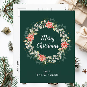 Cartão Postal De Festividades Coroa de Natal de Poinsettia Vermelha Feliz Natal