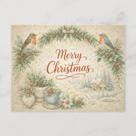 Cartão Postal De Festividades Coroa de Natal Vintage Robin