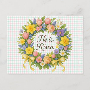 Cartão Postal De Festividades Coroa Floral Colorida de Páscoa Ele Ressuscitou