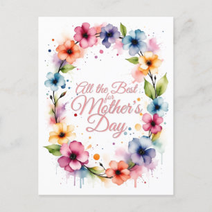 Cartão Postal De Festividades Coroa Floral de Aquarela do Dia das Mães
