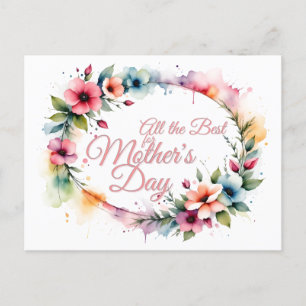 Cartão Postal De Festividades Coroa Floral de Aquarela do Dia das Mães em Rosa V