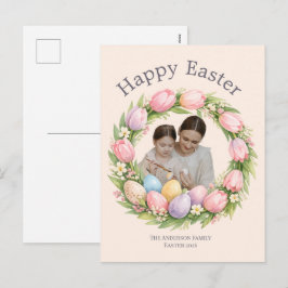Cartão Postal De Festividades Coroa Floral e Foto da Família Páscoa Personalizad