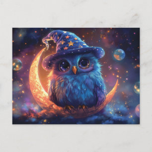 Cartão Postal De Festividades Coruja Bonita na Lua: Arte de Fantasia Mágica