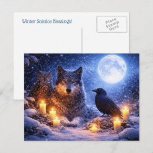 Cartão Postal De Festividades Coruja de Lobo Corvo Solstício de Inverno Yule