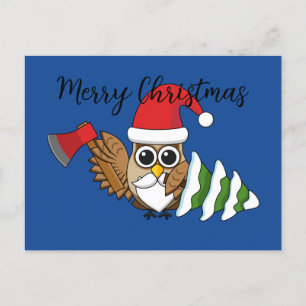 Cartão Postal De Festividades Coruja de Natal com Árvore de Pinheiros e Neves
