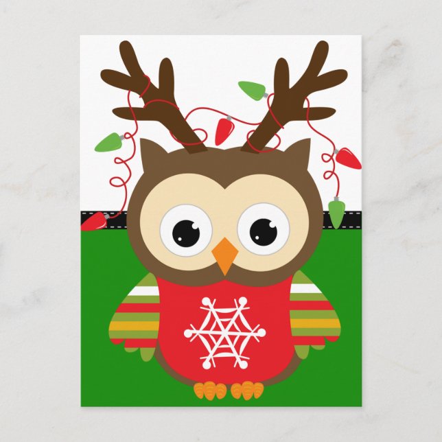 Cartão Postal De Festividades Coruja de Reindeer de Natal (Frente)