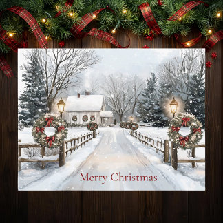 Cartão Postal De Festividades Country Farmhouse Winter Scene Merry Christmas