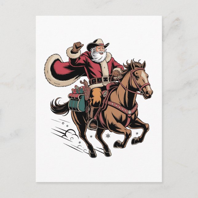 Cartão Postal De Festividades Cowboy Papai Noel Andando Um Natal De Cavalo (Frente)