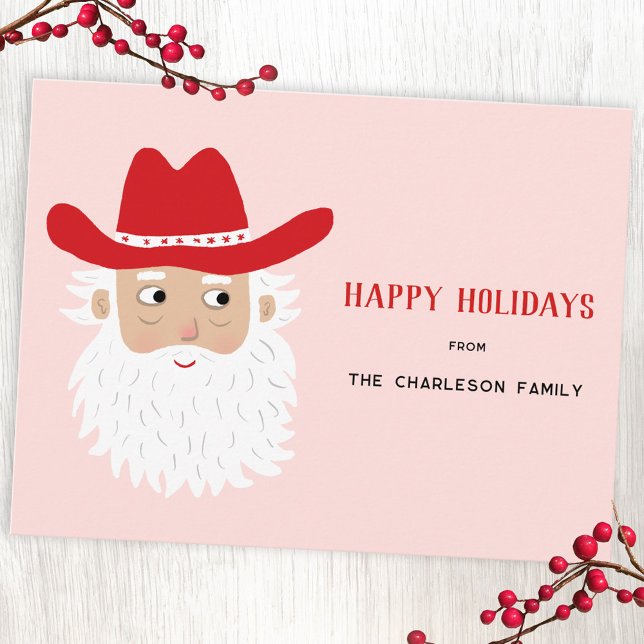 Cartão Postal De Festividades Cowboy Santa Claus Christmas Pink (Fun Cowboy Santa Claus Western Christmas custom text personalized holiday postcard)