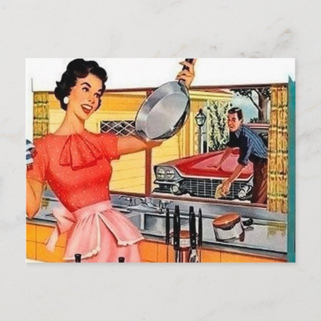 Cartão Postal De Festividades Cozinha de casal de retrato bonito (Frente)