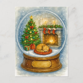 Cartão Postal De Festividades Cozy Cat Fireplace Christmas Snow Globe Postcard
