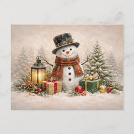 Cartão Postal De Festividades Cozy Christmas Snowman with Lantern and Gifts