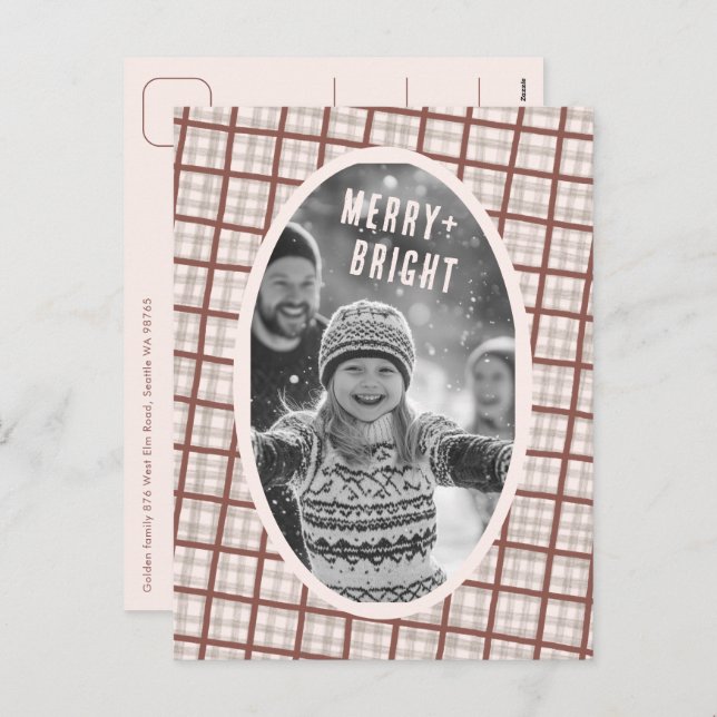 Cartão Postal De Festividades Cozy Plaid Gingham Christmas Custom Photo Collage (Frente/Verso)