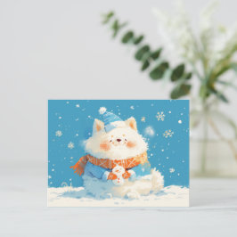 Cartão Postal De Festividades Cozy Samoyed Dog with Mini Snowman
