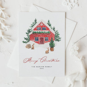 Cartão Postal De Festividades Cozy Watercolor Red Christmas Cottage Rustic