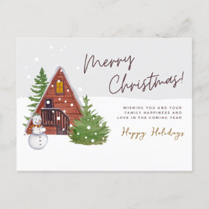 Cartão Postal De Festividades Cozy Winter Cabin & Snowman Natal da Aquarela