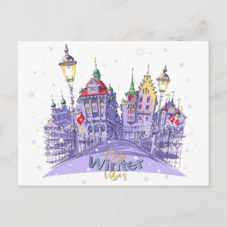 Cartão Postal De Festividades Cozy Winter City Illustration with Snowy Night