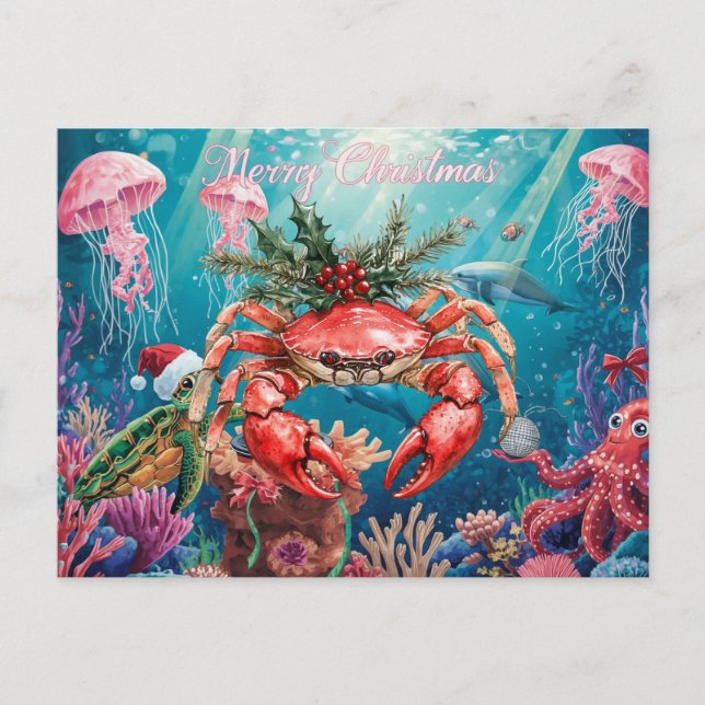 Cartão Postal De Festividades Crab Under the Sea Christmas Party  (Frente)