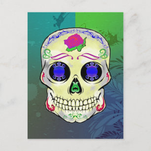 Cartão Postal De Festividades Crânio amarelo de açúcar com Rosa púrpura