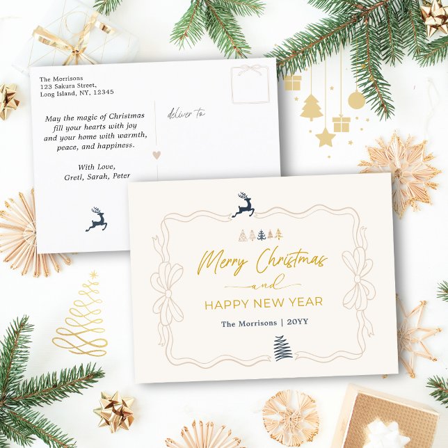 Cartão Postal De Festividades Creme: Cartão-postal Festivo de Arco e Árvores (Cream: Festive Bow & Tree Doodles Holiday Postcard)