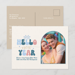 Cartão Postal De Festividades Creme Costeiro Ano Novo Retro Moderno Azul Foto