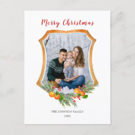 Cartão Postal De Festividades Crest com a vegetação de inverno e a foto da famíl