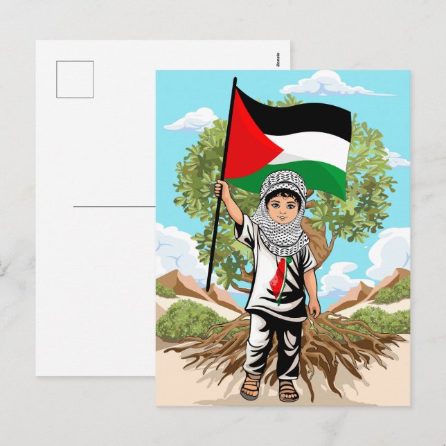 Cartão Postal De Festividades Criança com Keffiyeh Palestine Flag e Olive Tree (Frente/Verso)