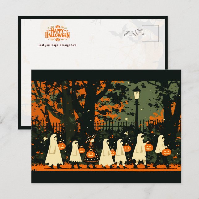 Cartão Postal De Festividades Crianças a fazerem truques ou a tratarem na noite  (Frente/Verso)