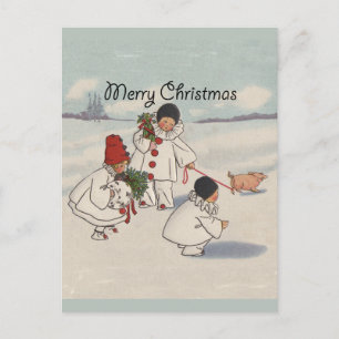 Cartão Postal De Festividades Crianças da neve do Feliz Natal do vintage