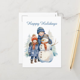 Cartão Postal De Festividades Crianças do boneco de neve de Natal adicionam text