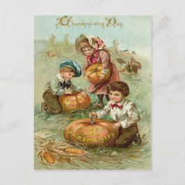 Cartão Postal De Festividades Crianças Esculpindo Abóboras Palheiro de Milho