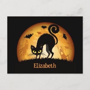 Cartão Postal De Festividades Crianças - Halloween Black Cat Mensagem Personaliz