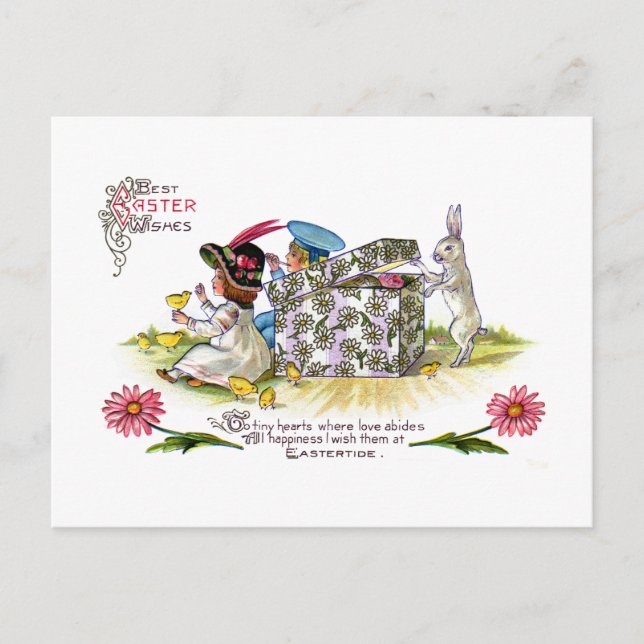 Cartão Postal De Festividades Crianças, Pintinhos e Páscoas curiosas de coelho (Frente)