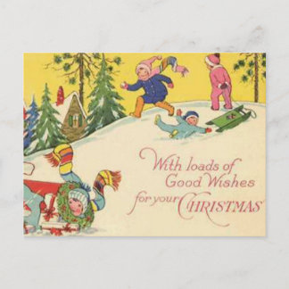 Cartão Postal De Festividades Crianças que dormem na colina de neve - olhares an